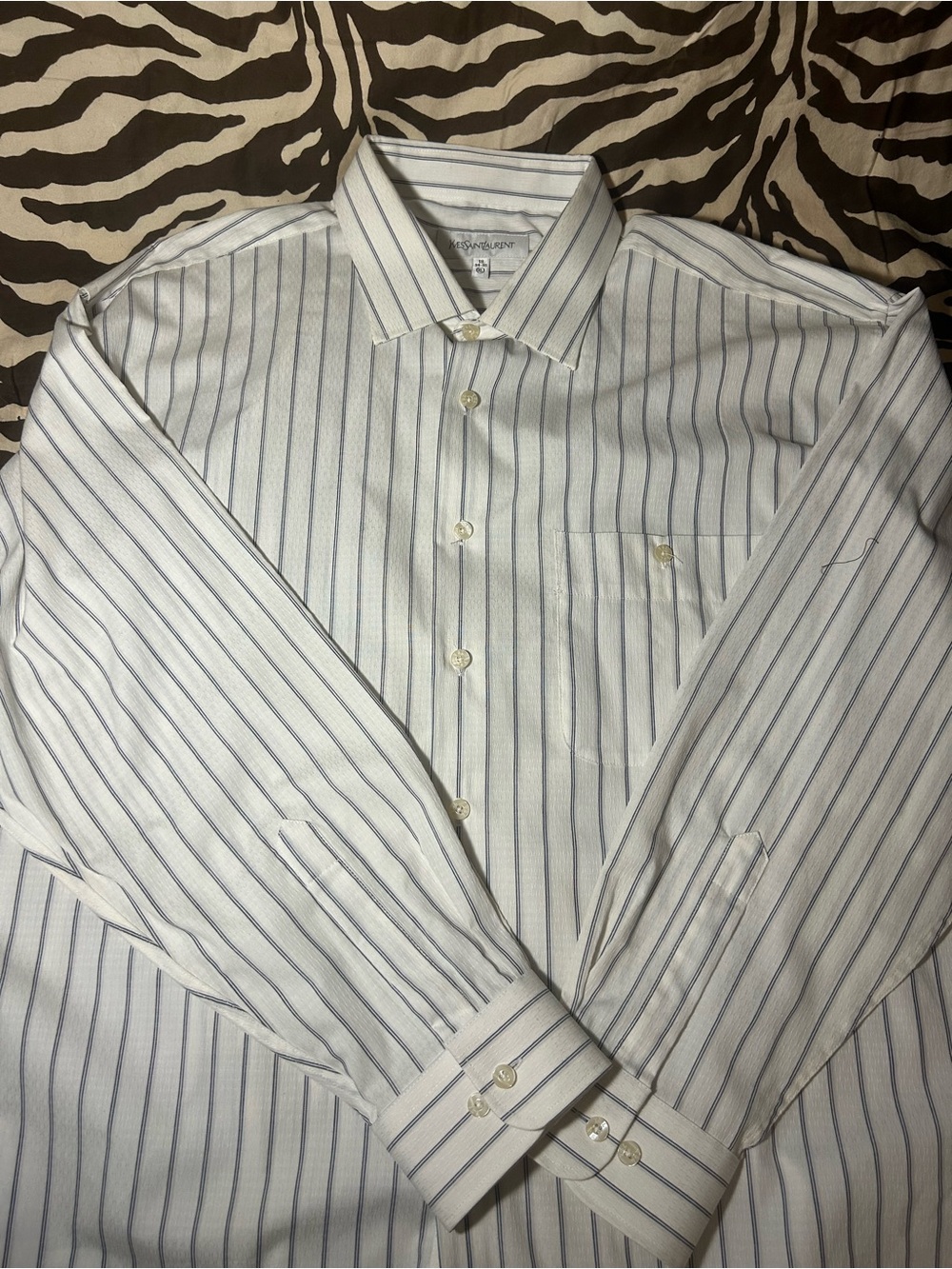 Yves Saint Laurent White Dress Shirt with Blue Pinstripes